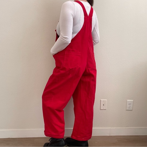 BIG TIME Vintage 90s Vibrant Red Jean Retro Utility Straight Leg Bib Overalls - Picture 2 of 16